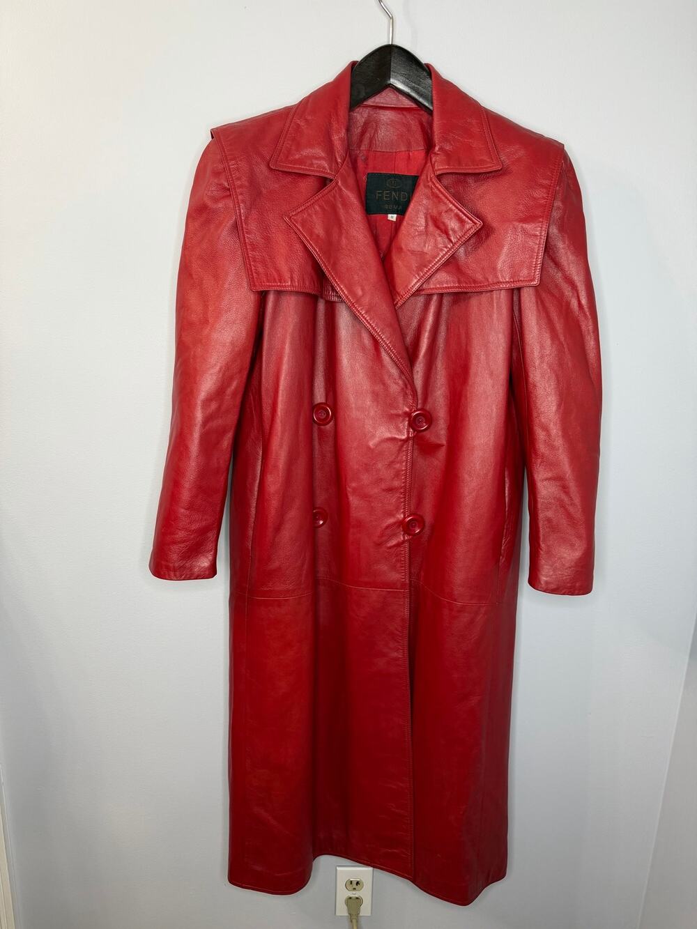 Vintage 80's Fendi Leather Red Double Breasted Trench Coat Jacket Women's Sz 8